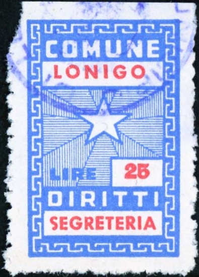 Marca da Bollo del Comune di LONIGO su Carta Bianca di dimensioni 19,5 x 31 mm