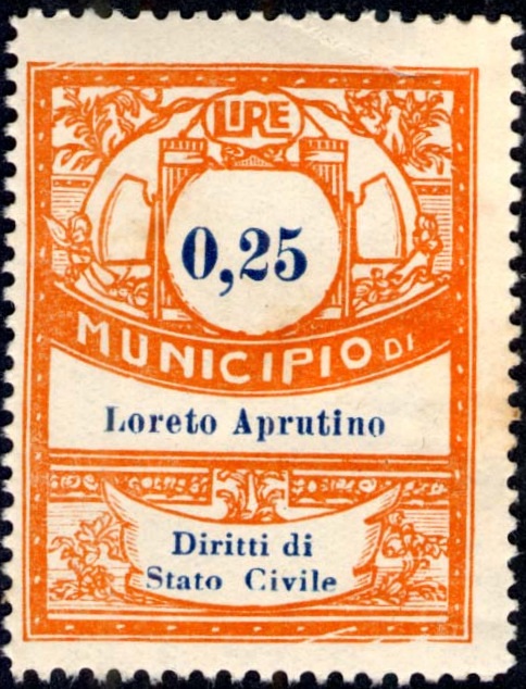 Marca da Bollo del Comune di LORETO APRUTINO su Carta Bianca di dimensioni 28 x 36,5 mm