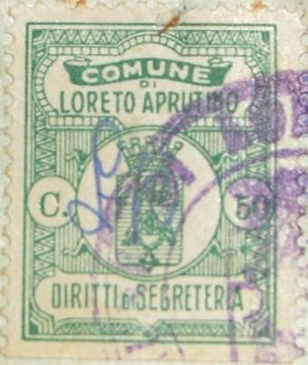 Marca da Bollo del Comune di LORETO APRUTINO su Carta Bianca di dimensioni 21 X 27 mm