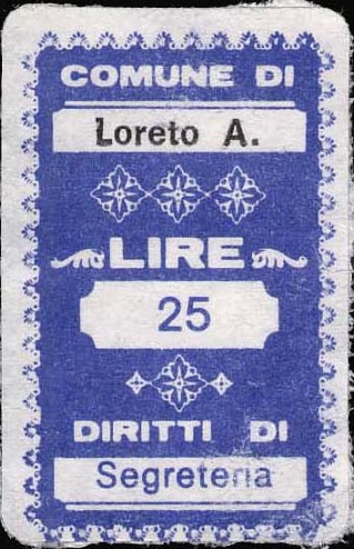 Marca da Bollo del Comune di LORETO APRUTINO su Carta Bianca di dimensioni 19,5 x 32 mm