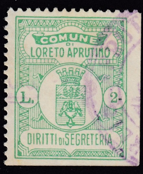 Marca da Bollo del Comune di LORETO APRUTINO su Carta Bianca di dimensioni 22 x 23 mm