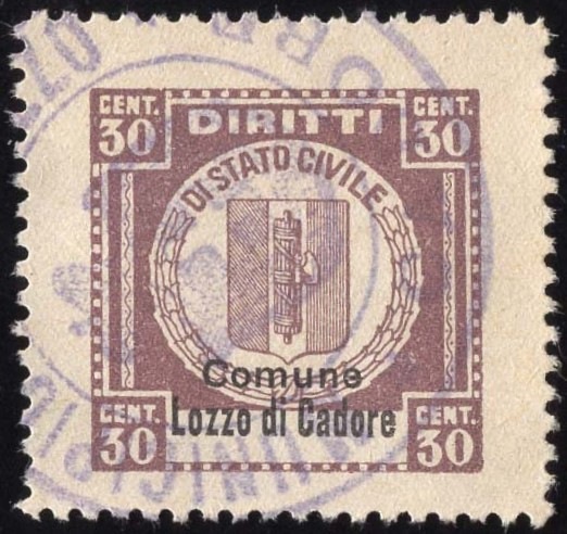 Marca da Bollo del Comune di LOZZO DI CADORE su Carta Bianca di dimensioni 15 x 25 mm