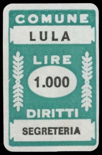 Marca da Bollo del Comune di LULA su Carta Bianca di dimensioni 20 x 31 mm