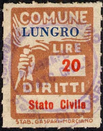 Marca da Bollo del Comune di LUNGRO su Carta Bianca Sottile di dimensioni 18,5 x 26 mm