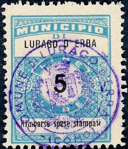 Marca da Bollo del Comune di LURAGO D´ERBA su Carta Bianca Sottile di dimensioni 22,5 x 29 mm
