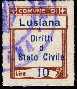 Marca da Bollo del Comune di LUSIANA su Carta Bianca di dimensioni 13,5 x 17 mm