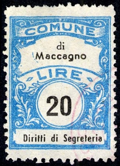 Marca da Bollo del Comune di MACCAGNO su Carta Bianca Sottile di dimensioni 22,5 x 29 mm
