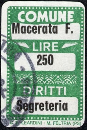 Marca da Bollo del Comune di MACERATA FELTRIA su Carta Bianca di dimensioni 16 x 25,5 mm