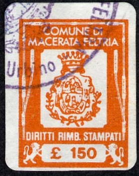 Marca da Bollo del Comune di MACERATA FELTRIA su Carta Bianca di dimensioni 15 x 20 mm