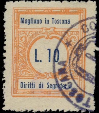 Marca da Bollo del Comune di MAGLIANO IN TOSCANA su Carta Bianca di dimensioni 21,5 x 26,5 mm