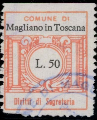Marca da Bollo del Comune di MAGLIANO IN TOSCANA su Carta Bianca Sittile di dimensioni 21 x 25 mm