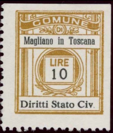 Marca da Bollo del Comune di MAGLIANO IN TOSCANA su Carta Bianca di dimensioni 21 x 24,5 mm