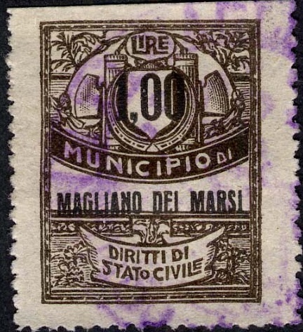 Marca da Bollo del Comune di MAGLIANO DE´ MARSI su Carta Bianca di dimensioni 22 x 28,5 mm