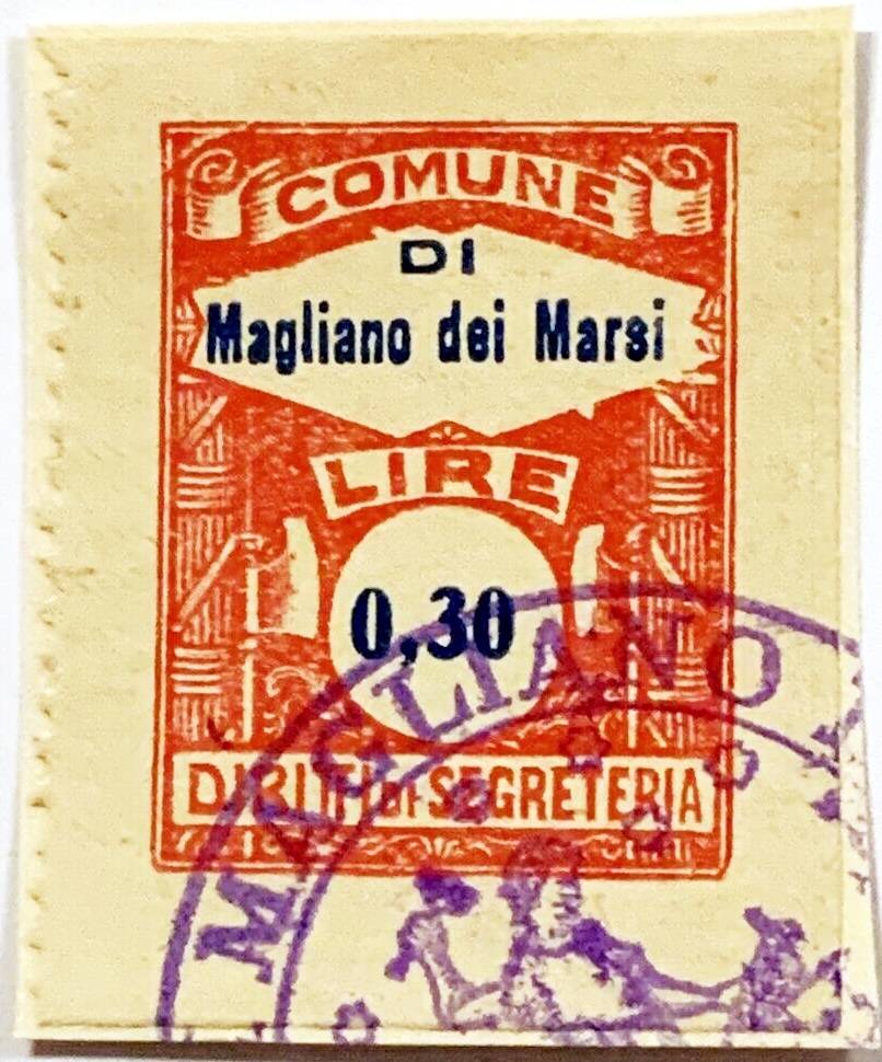 Marca da Bollo del Comune di MAGLIANO DE´ MARSI su Carta Bianca di dimensioni 23,5 X 30,5 mm