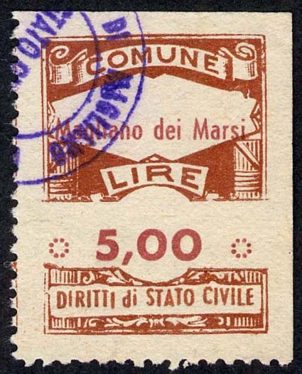 Marca da Bollo del Comune di MAGLIANO DE´ MARSI su Carta Bianca Sittile di dimensioni 22 x 29,5 mm