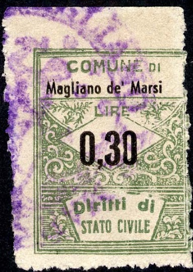 Marca da Bollo del Comune di MAGLIANO DE´ MARSI su Carta Bianca Sittile di dimensioni 22 x 28,5 mm