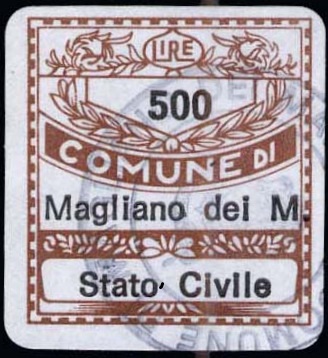 Marca da Bollo del Comune di MAGLIANO DE´ MARSI su Carta Bianca di dimensioni 20 x 21 mm