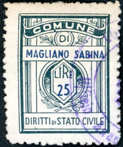 Marca da Bollo del Comune di MAGLIANO SABINA su Carta Bianca di dimensioni 20 x 27 mm