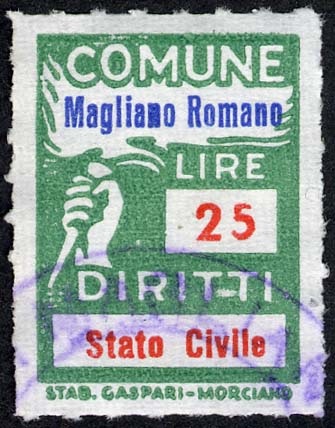 Marca da Bollo del Comune di MAGLIANO ROMANO su Carta Bianca Sittile di dimensioni 18,5 x 25,5 mm
