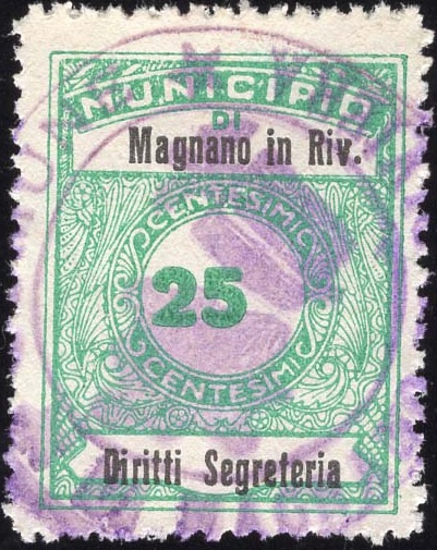 Marca da Bollo del Comune di MAGNANO IN RIVIERA su Carta Bianca di dimensioni 23 x 29,5 mm