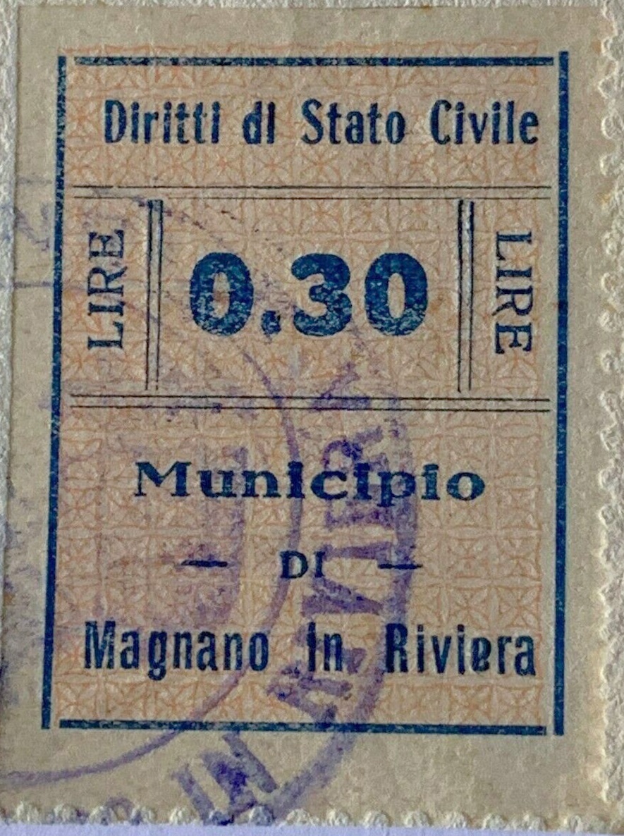 Marca da Bollo del Comune di MAGNANO IN RIVIERA su Carta Bianca di dimensioni 21 X 27 mm