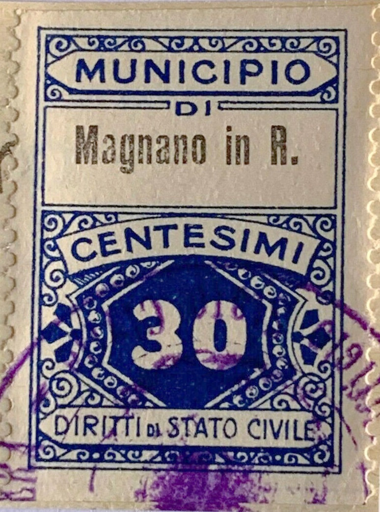 Marca da Bollo del Comune di MAGNANO IN RIVIERA su Carta Bianca di dimensioni 23 x 29 mm
