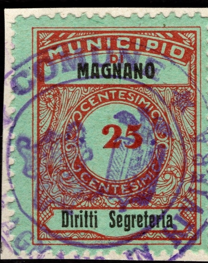 Marca da Bollo del Comune di MAGNANO IN RIVIERA su Carta Colorata di dimensioni 23 x 29,5 mm