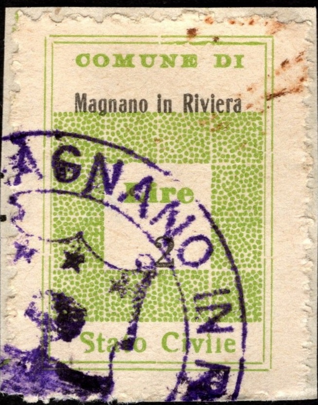 Marca da Bollo del Comune di MAGNANO IN RIVIERA su Carta Bianca di dimensioni 21 x 29 mm