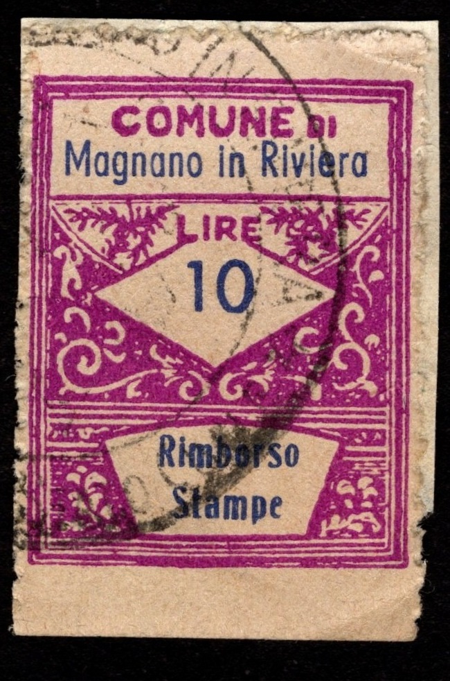 Marca da Bollo del Comune di MAGNANO IN RIVIERA su Carta Bianca di dimensioni 21 x 29 mm