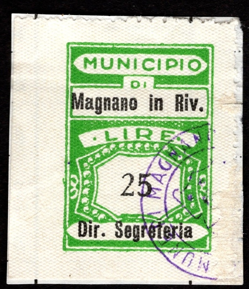 Marca da Bollo del Comune di MAGNANO IN RIVIERA su Carta Bianca di dimensioni 22 x 28 mm