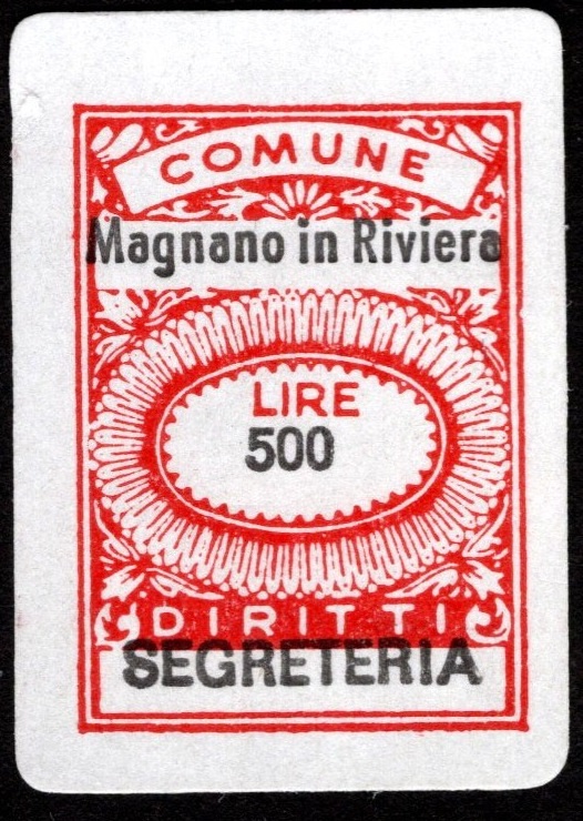 Marca da Bollo del Comune di MAGNANO IN RIVIERA su Carta Bianca di dimensioni 15 x 22 mm