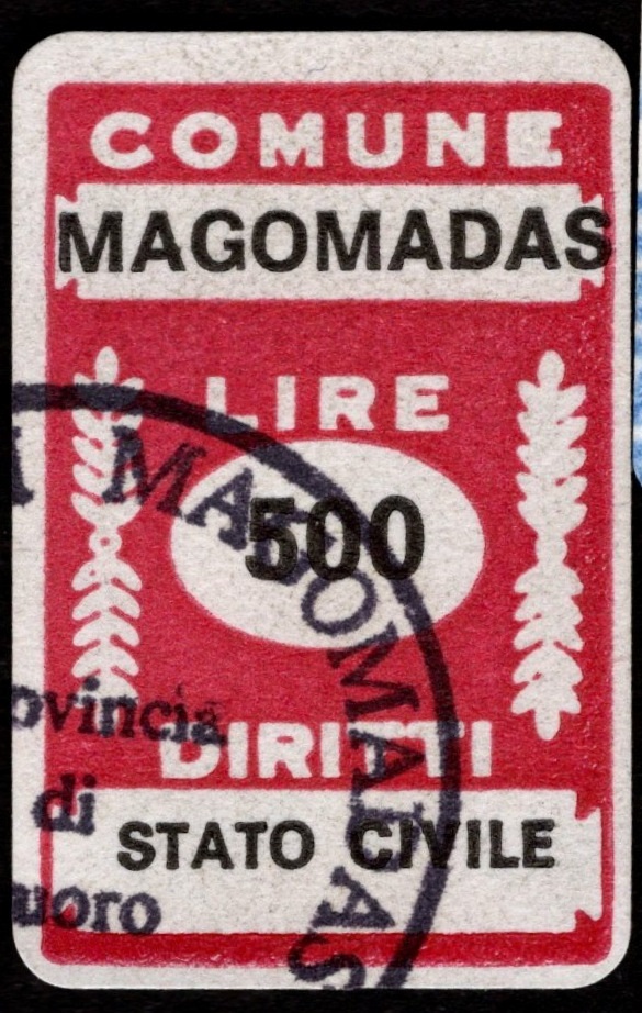 Marca da Bollo del Comune di MAGOMADAS su Carta Bianca di dimensioni 16 x 22 mm