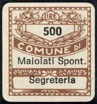 Marca da Bollo del Comune di MAIOLATI SPONTINI su Carta Bianca di dimensioni 19 x 21 mm