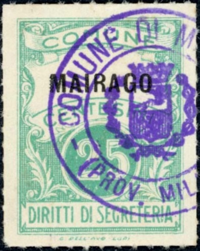 Marca da Bollo del Comune di MAIRAGO su Carta Bianca Sottile di dimensioni 22,5 x 30 mm