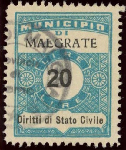 Marca da Bollo del Comune di MALGRATE su Carta Bianca Sottile di dimensioni 22,5 x 29 mm
