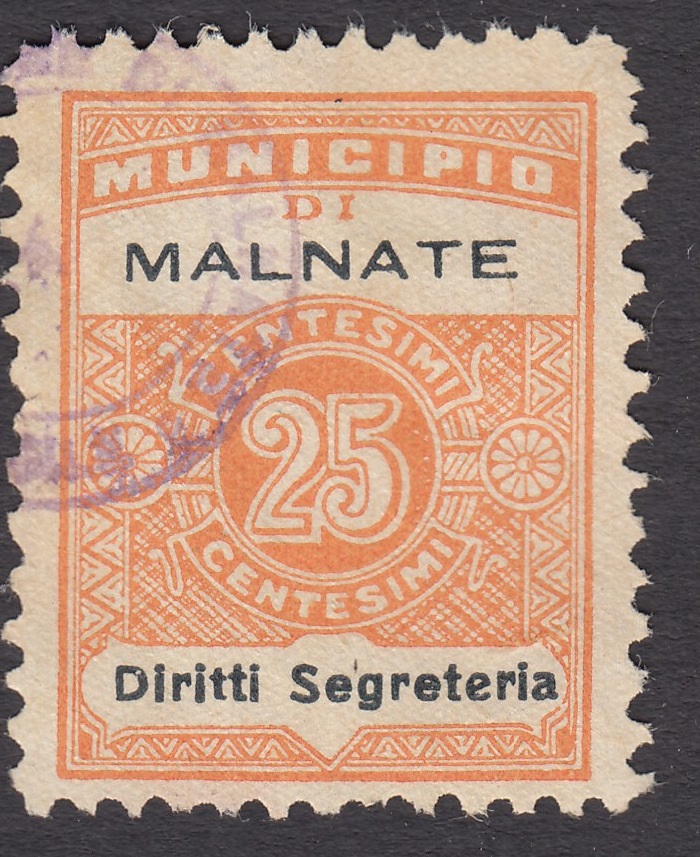 Marca da Bollo del Comune di MALNATE su Carta Bianca Sittile di dimensioni 22,5 x 29 mm