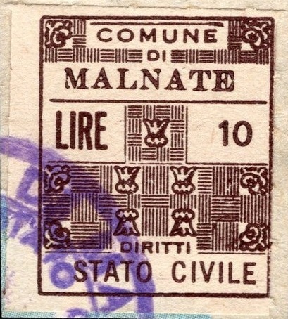 Marca da Bollo del Comune di MALNATE su Carta Bianca di dimensioni 22 x 24 mm
