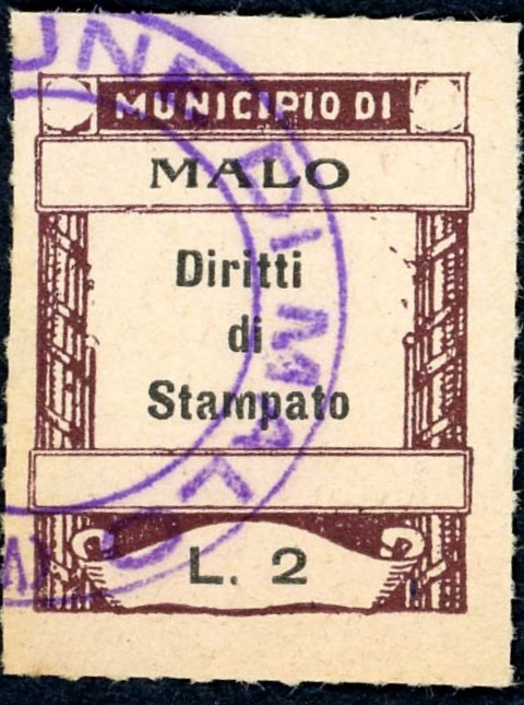 Marca da Bollo del Comune di MALO su Carta Bianca Sottile di dimensioni 25 x 31 mm