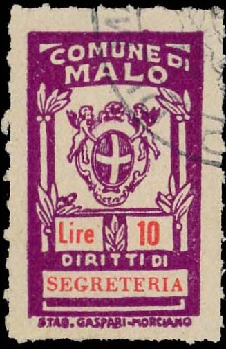 Marca da Bollo del Comune di MALO su Carta Bianca di dimensioni 18 X 30 mm