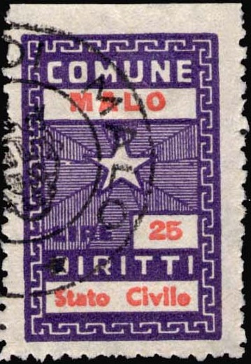 Marca da Bollo del Comune di MALO su Carta Bianca di dimensioni 19 x 30 mm