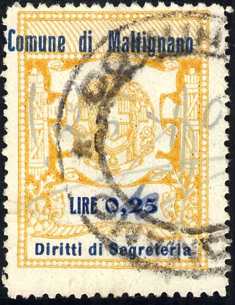 Marca da Bollo del Comune di MALTIGNANO su Carta Bianca Sottile di dimensioni 20,5 x 27 mm