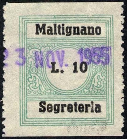 Marca da Bollo del Comune di MALTIGNANO su Carta Bianca Sottile di dimensioni 22 x 26 mm