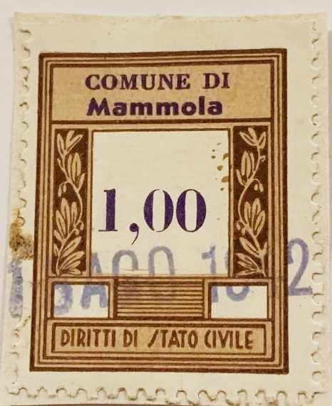 Marca da Bollo del Comune di MAMMOLA su Carta Colorata di dimensioni 21 x 29 mm