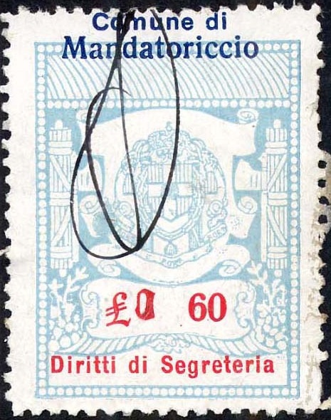 Marca da Bollo del Comune di MANDATORICCIO su Carta Bianca di dimensioni 26 x 39 mm