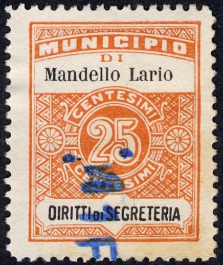 Marca da Bollo del Comune di MANDELLO DEL LARIO su Carta Bianca Sittile di dimensioni 22,5 x 29 mm
