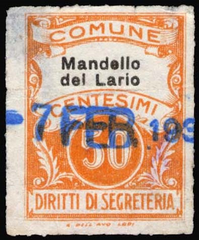 Marca da Bollo del Comune di MANDELLO DEL LARIO su Carta Bianca di dimensioni 22 x 30,5 mm