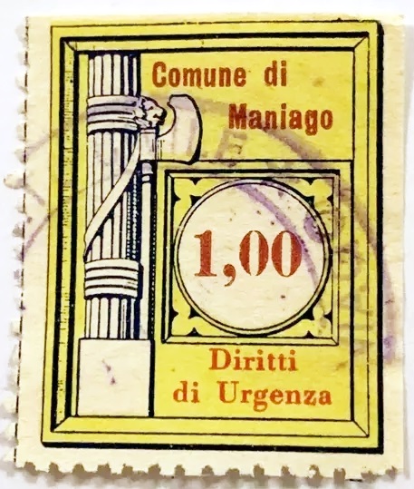Marca da Bollo del Comune di MANIAGO su Carta Bianca di dimensioni 24 x 30 mm