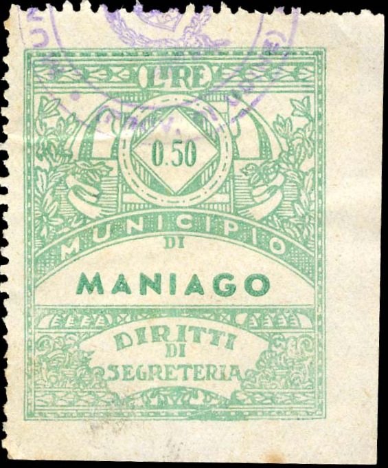 Marca da Bollo del Comune di MANIAGO su Carta Bianca Sottile di dimensioni 21,5 x 28 mm
