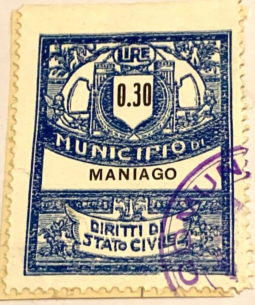Marca da Bollo del Comune di MANIAGO su Carta Bianca Sottile di dimensioni 22 x 30 mm