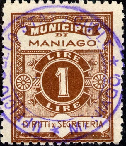 Marca da Bollo del Comune di MANIAGO su Carta Bianca di dimensioni 22,5 x 29 mm